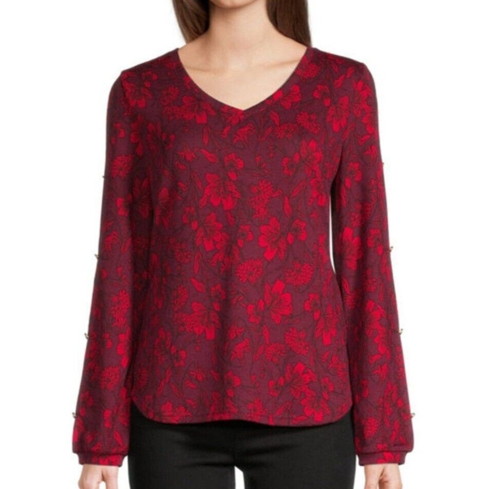 NWT Women's Liz Claiborne V Neck LS Blouse Shirt Size S Burg Passion Flower
